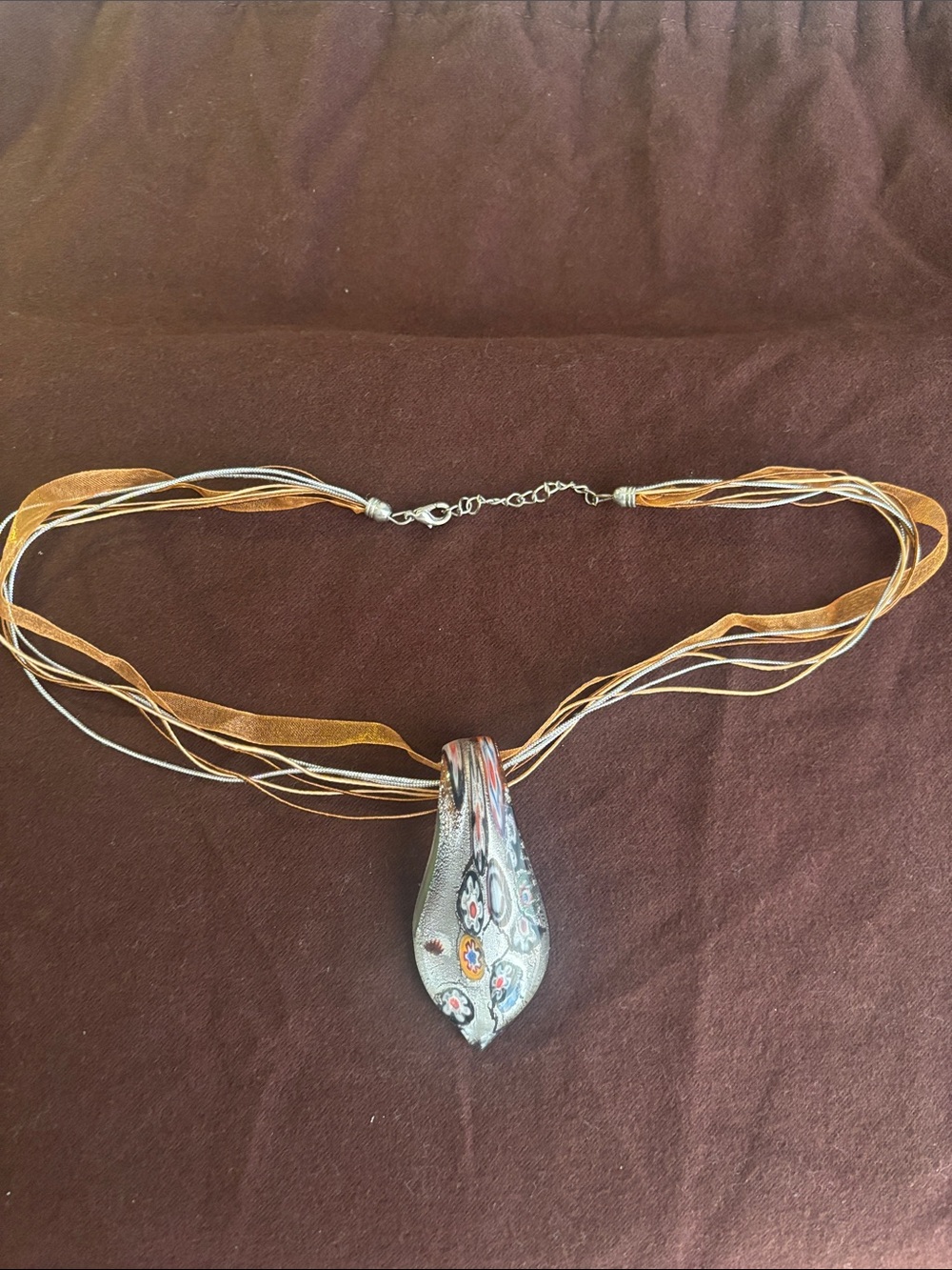 Elegant Multi-Strand Orange and Silver Pendant Necklace from Italy
